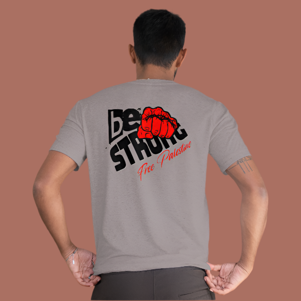 Free Palestine tee shirt in heather grey - with be strong graphic design