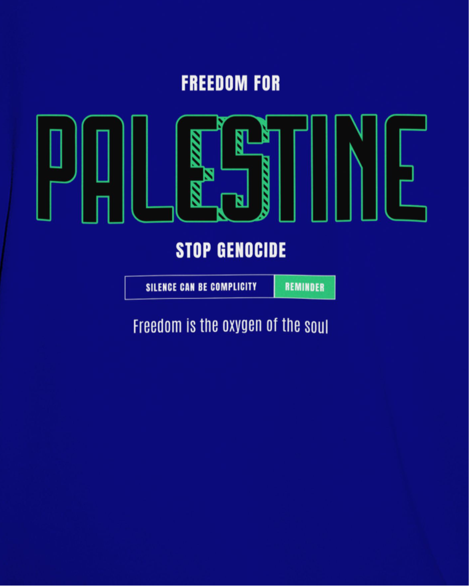 Freedom for Palestine men’s graphic T-shirt in royal blue