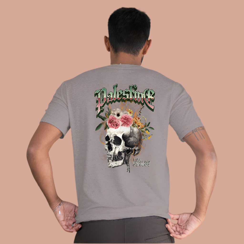Heather grey T-shirt featuring small All One logo on chest and large skull floral “Free Palestine” graphic on back. Regular men’s fit, available in sizes S to XL