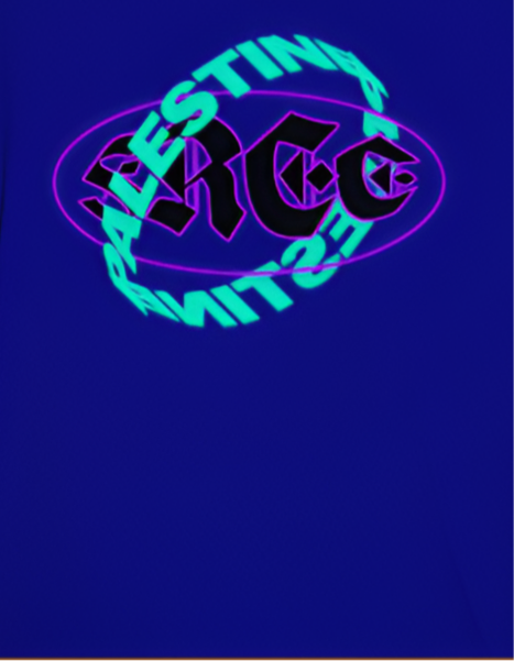 Free Palestine - Distorted Text Graphic Tee in royal blue (green + purple)