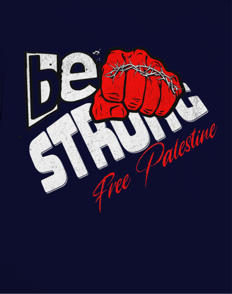 Free Palestine tee shirt in navy with be strong graphic design