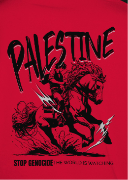 Free Palestine tee in red- with black horse graphic design