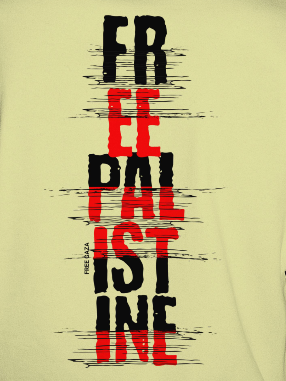 Free Palestine- vertical statement tee in off white, with red and black design