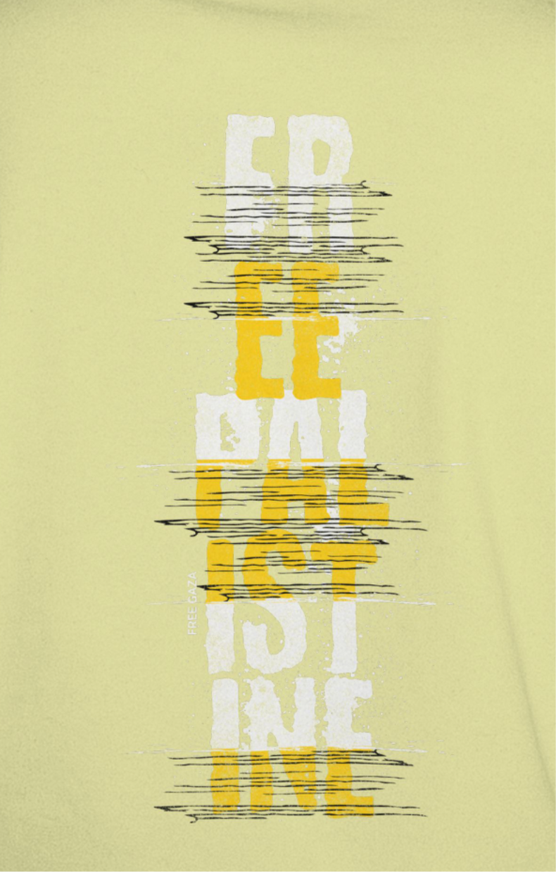Free Palestine- vertical statement tee in off white, with white and yellow design