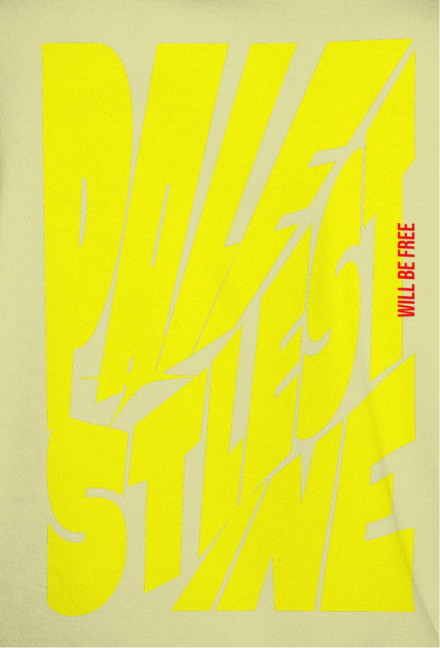 Palestine tee in off with with yellow bold text