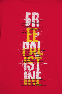 Free Palestine - vertical statement tee in red, with white and yellow design