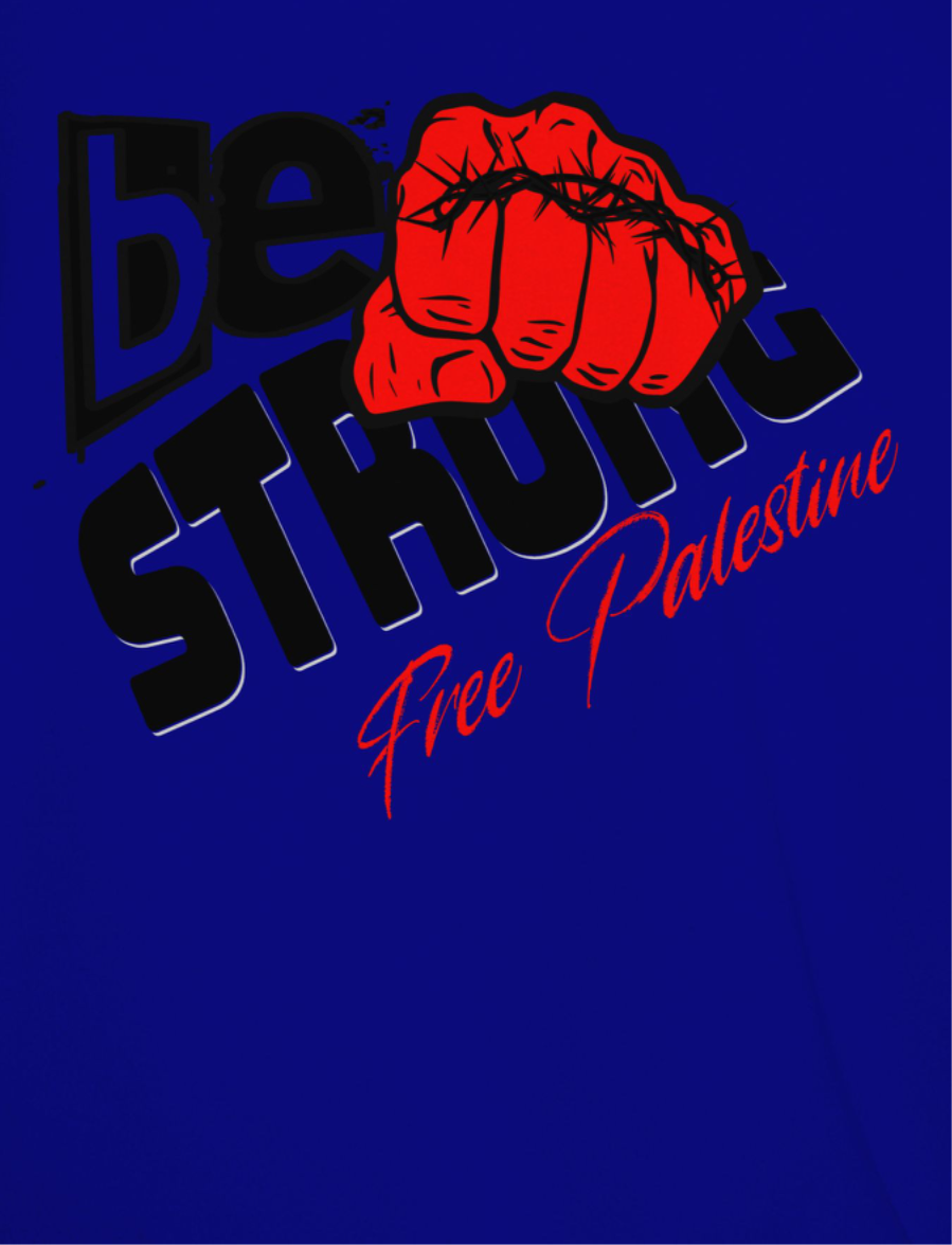 Free Palestine tee shirt in royal blue- with black and red graphic design
