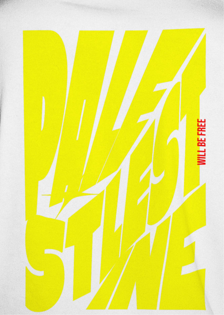 Palestine tee in white with yellow bold text