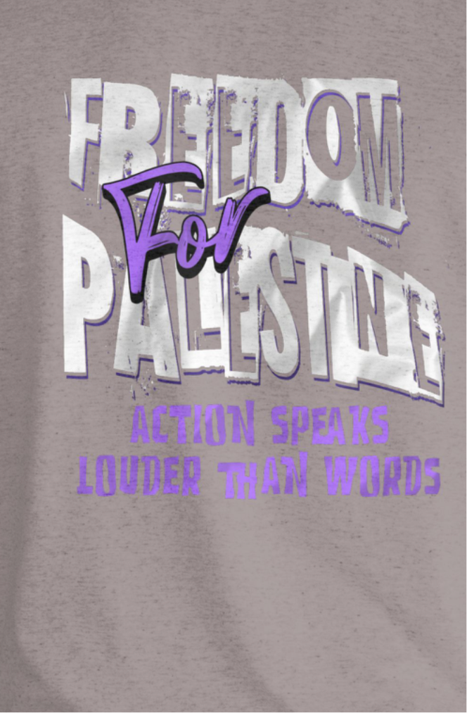 Freedom for Palestine tee in graphite heather with white and purple text