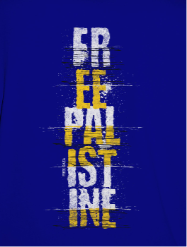 Free Palestine Vertical statement tee in royal blue, with white and yellow design