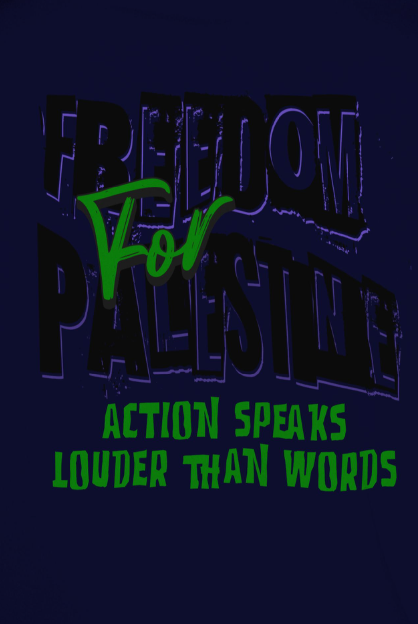 Freedom for Palestine tee in navy with black and green text