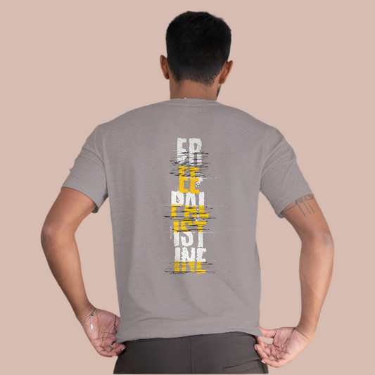 Free Palestine Vertical statement tee in Heather grey, with white and yellow design