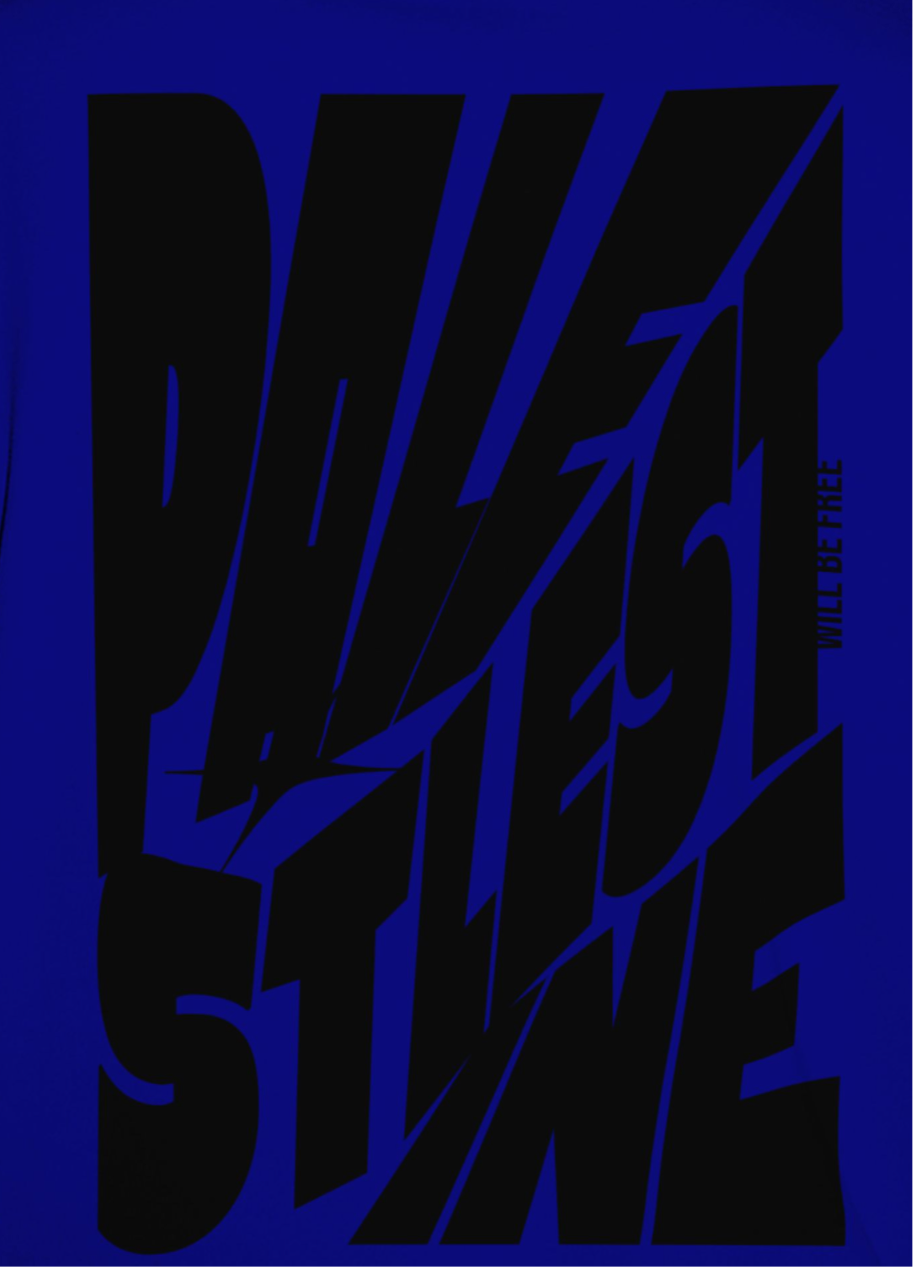 Palestine tee in royal blue with black bold text