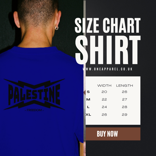 Palestine- power statement tee in royal blue with black text