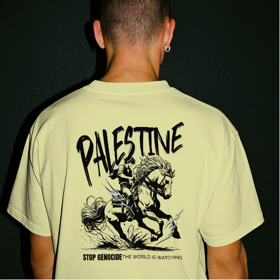 Free Palestine tee in off white - with black horse graphic design