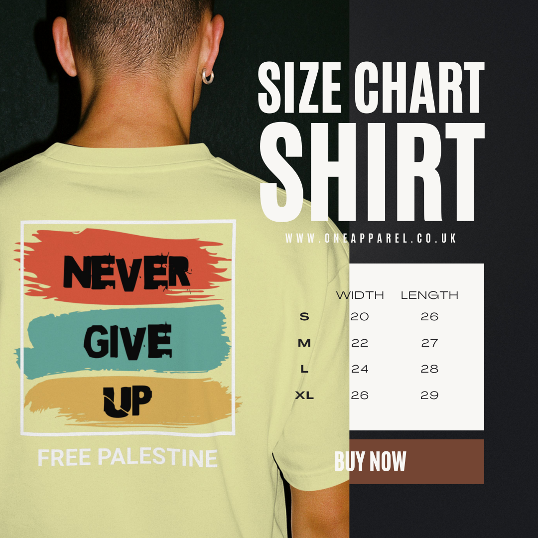 Free Palestine- Never give up tee in off White (white border design)