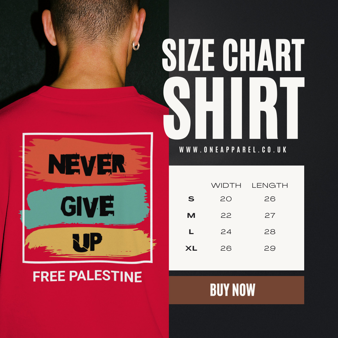 Free Palestine- Never give up tee in red (White border design