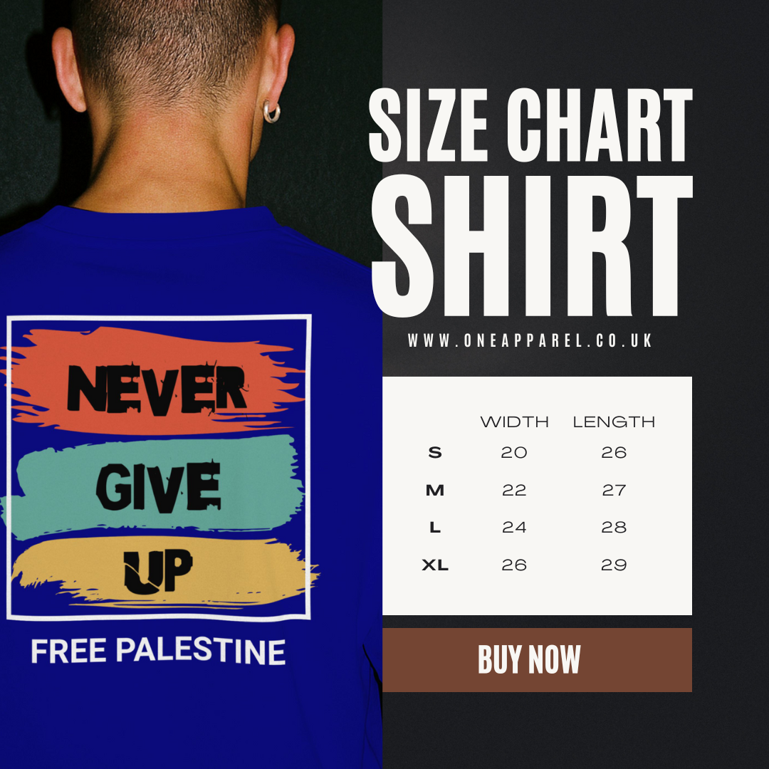 Free Palestine- Never give up tee in royal blue ( white border design)