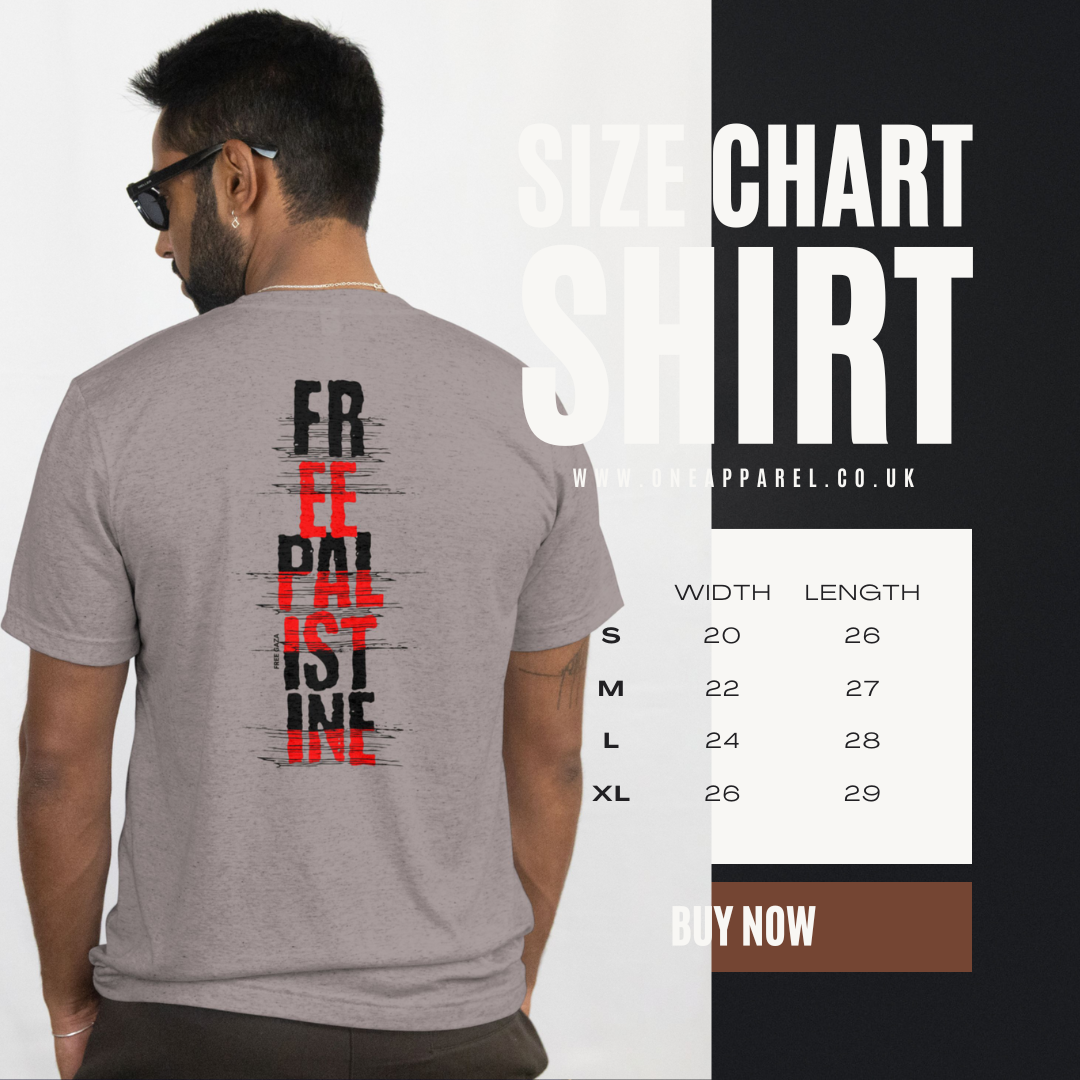 Free Palestine- vertical statement tee in heather grey with black and red design