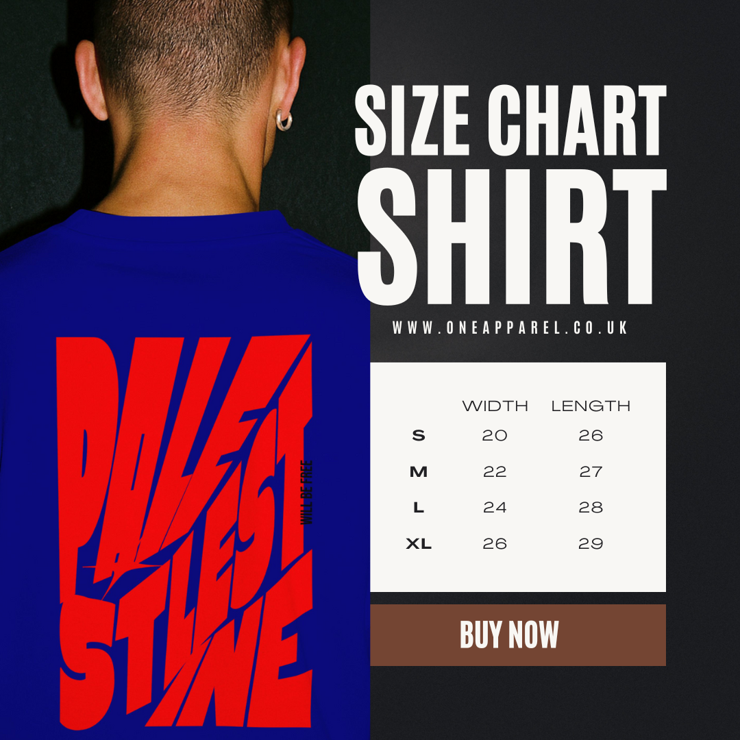 Palestine tee in royal blue with red bold text