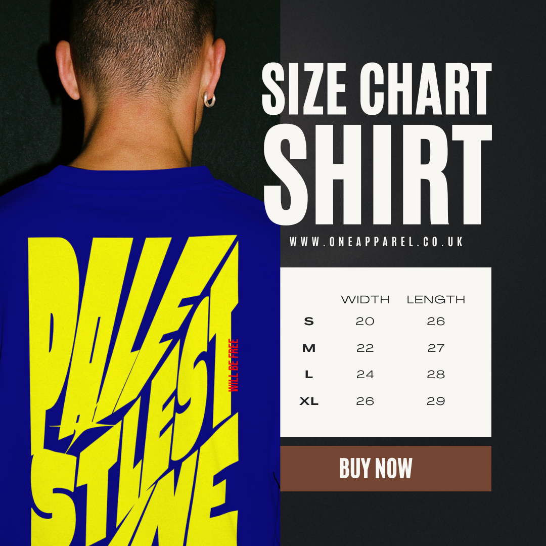 Palestine tee in royal blue with yellow bold text