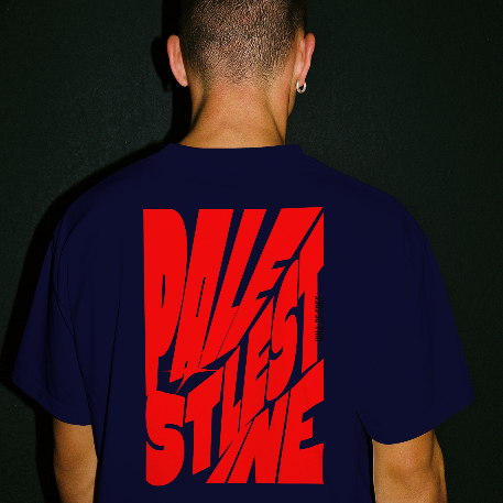 Palestine tee in navy with red bold text