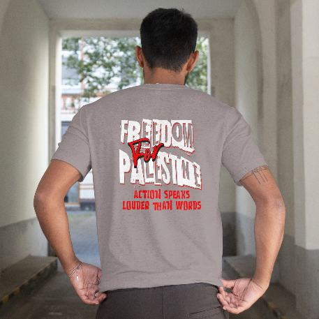 Freedom for Palestine tee in graphite heather with white and red text