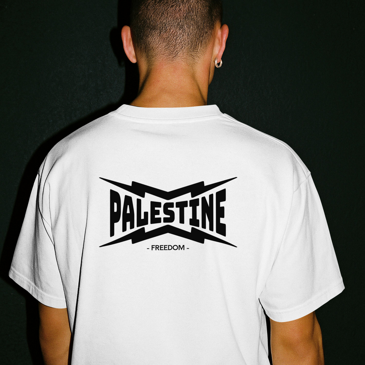 Palestine- power statement tee in white with black text