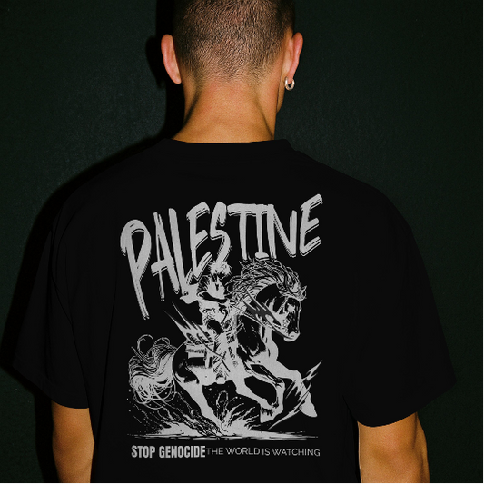 Free Palestine tee in black -with silver horse design