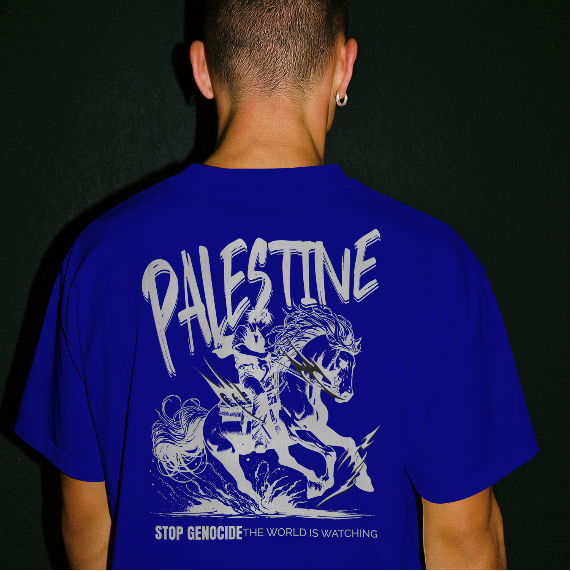 Free Palestine tee in royal blue- with silver horse graphic design