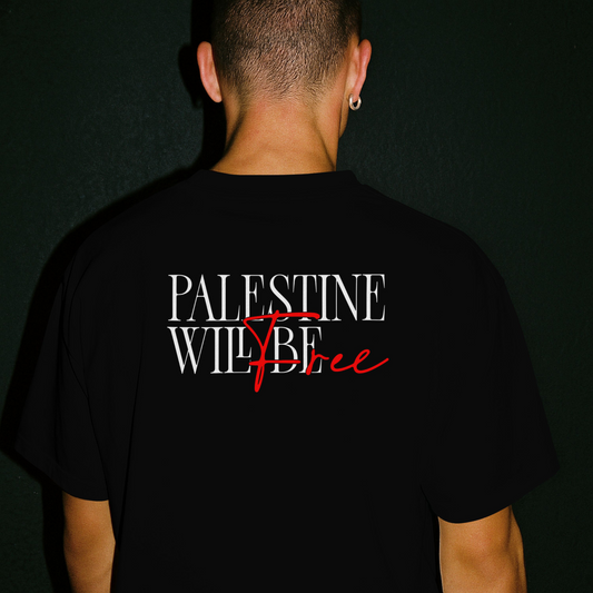 Stand for justice- Palestine will be free T-shirt- Black with white text
