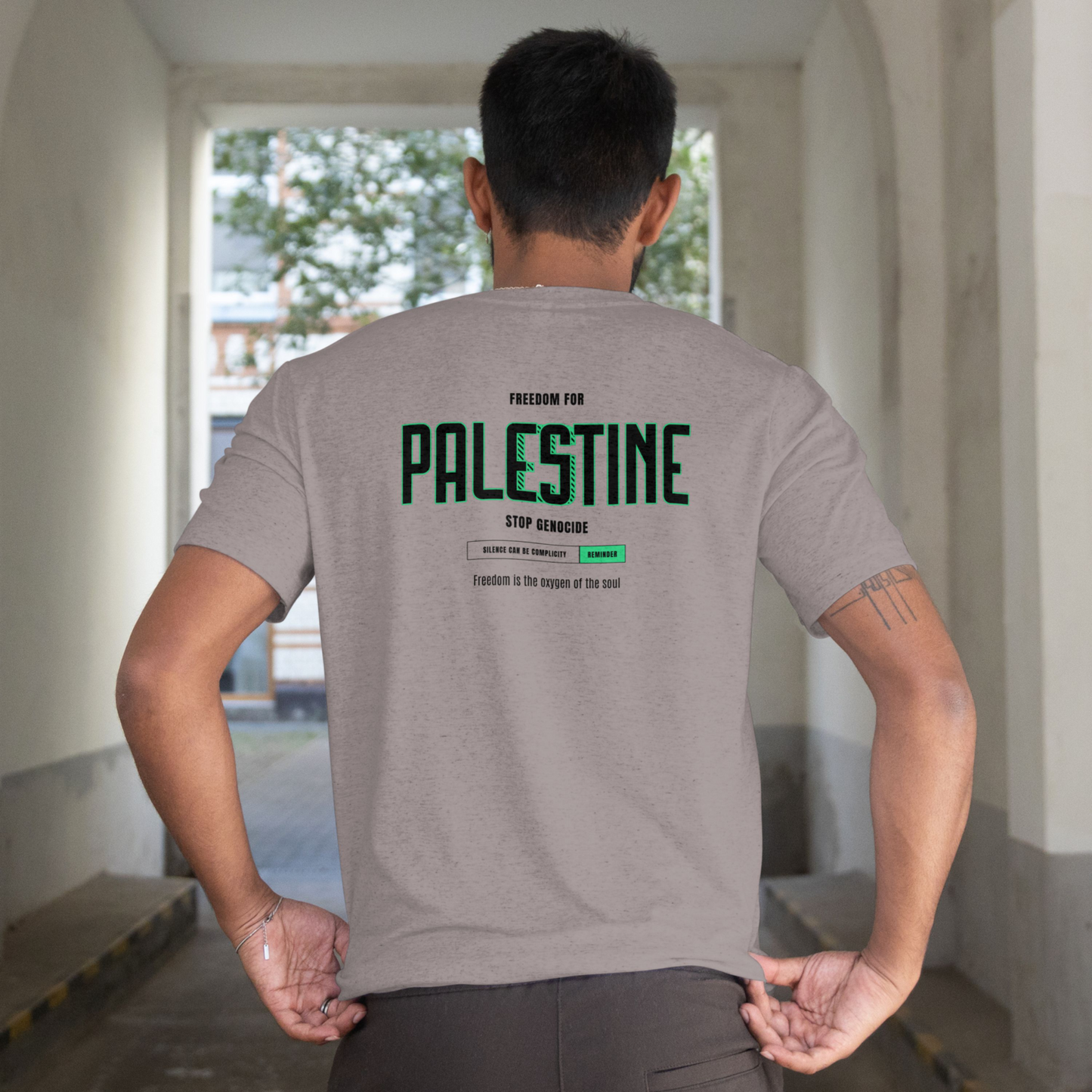 Freedom for Palestine graphic T-shirt in graphite heather (Black + Green text)