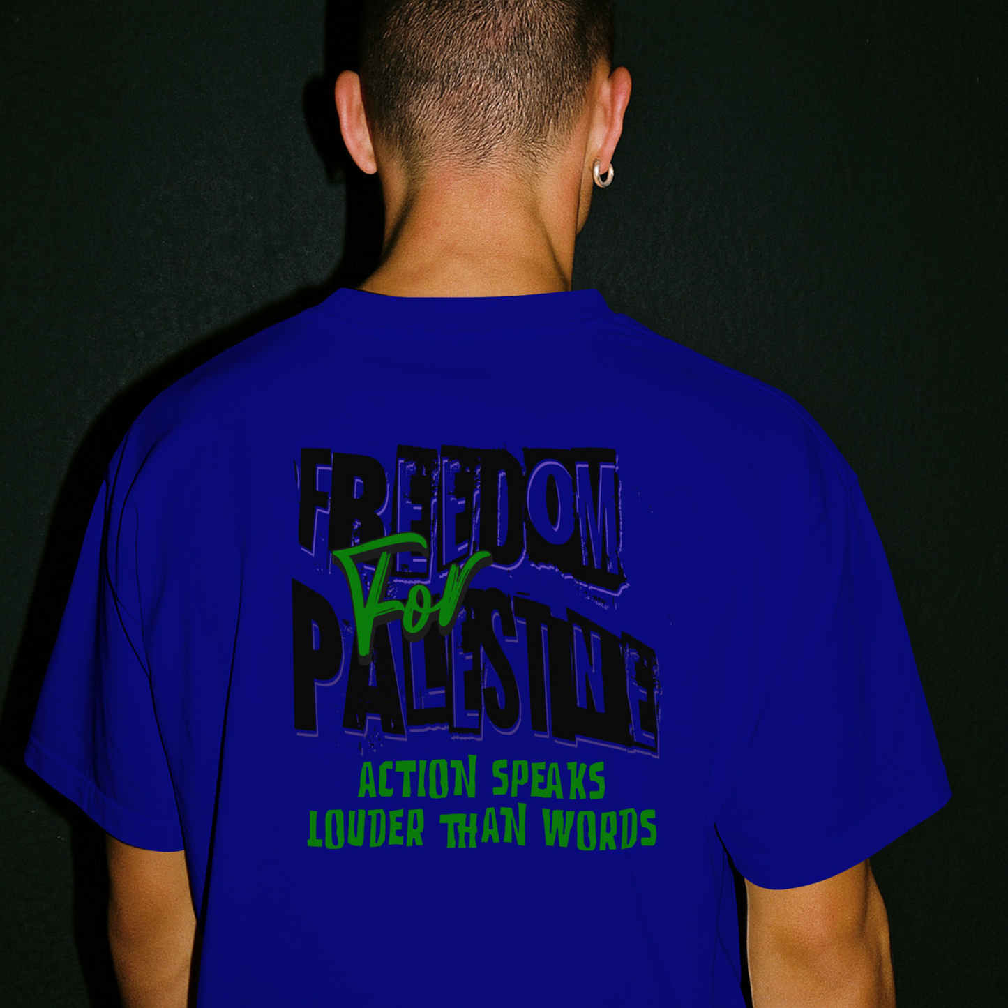 Freedom for Palestine tee in royal blue with black and green text