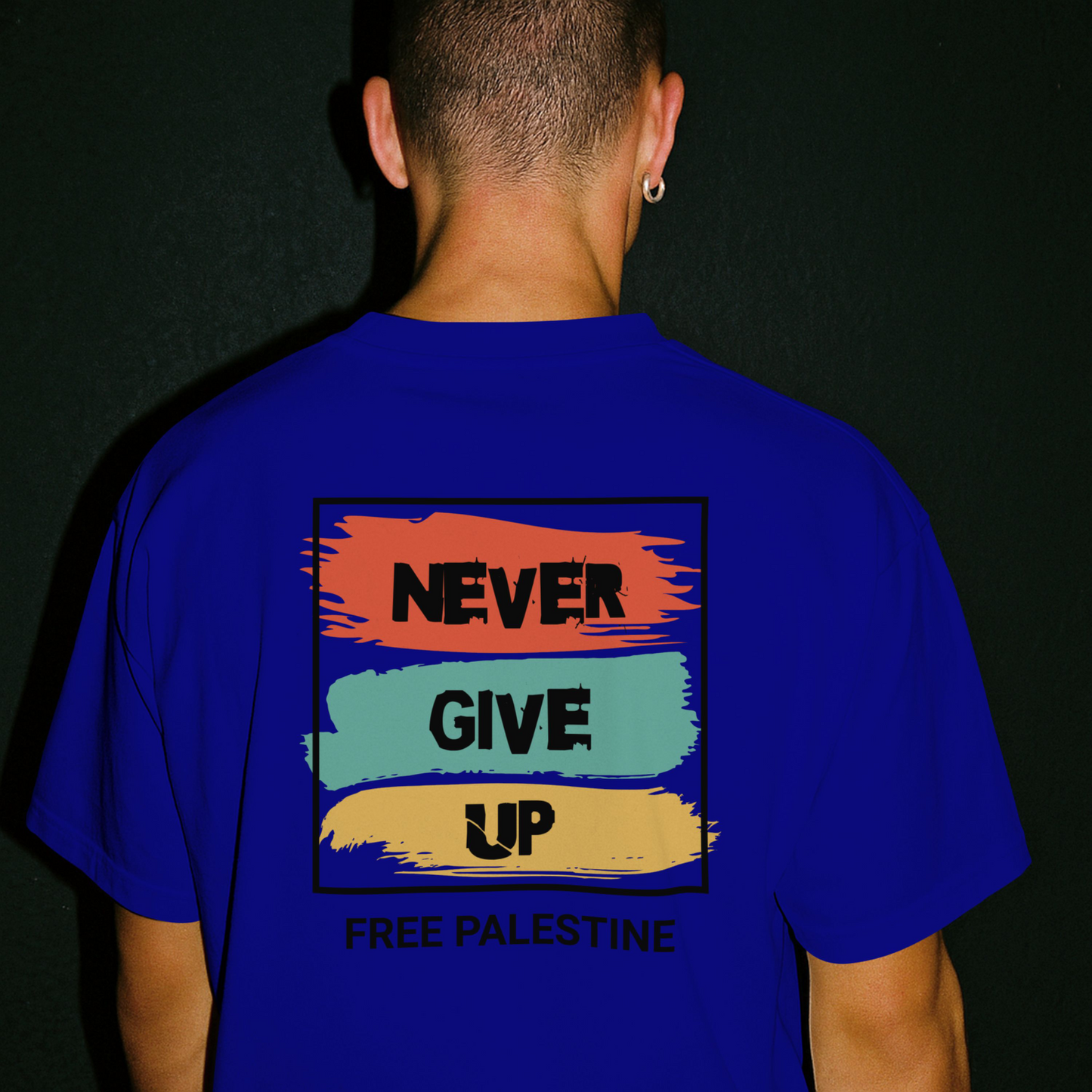Free Palestine- Never give up tee in royal blue