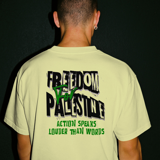 Freedom for Palestine tee in off white with black and green text