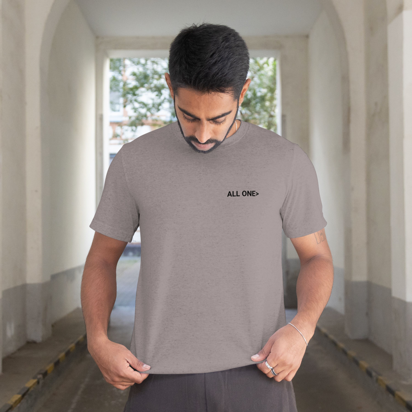 Palestine tee in graphite heather with red bold text