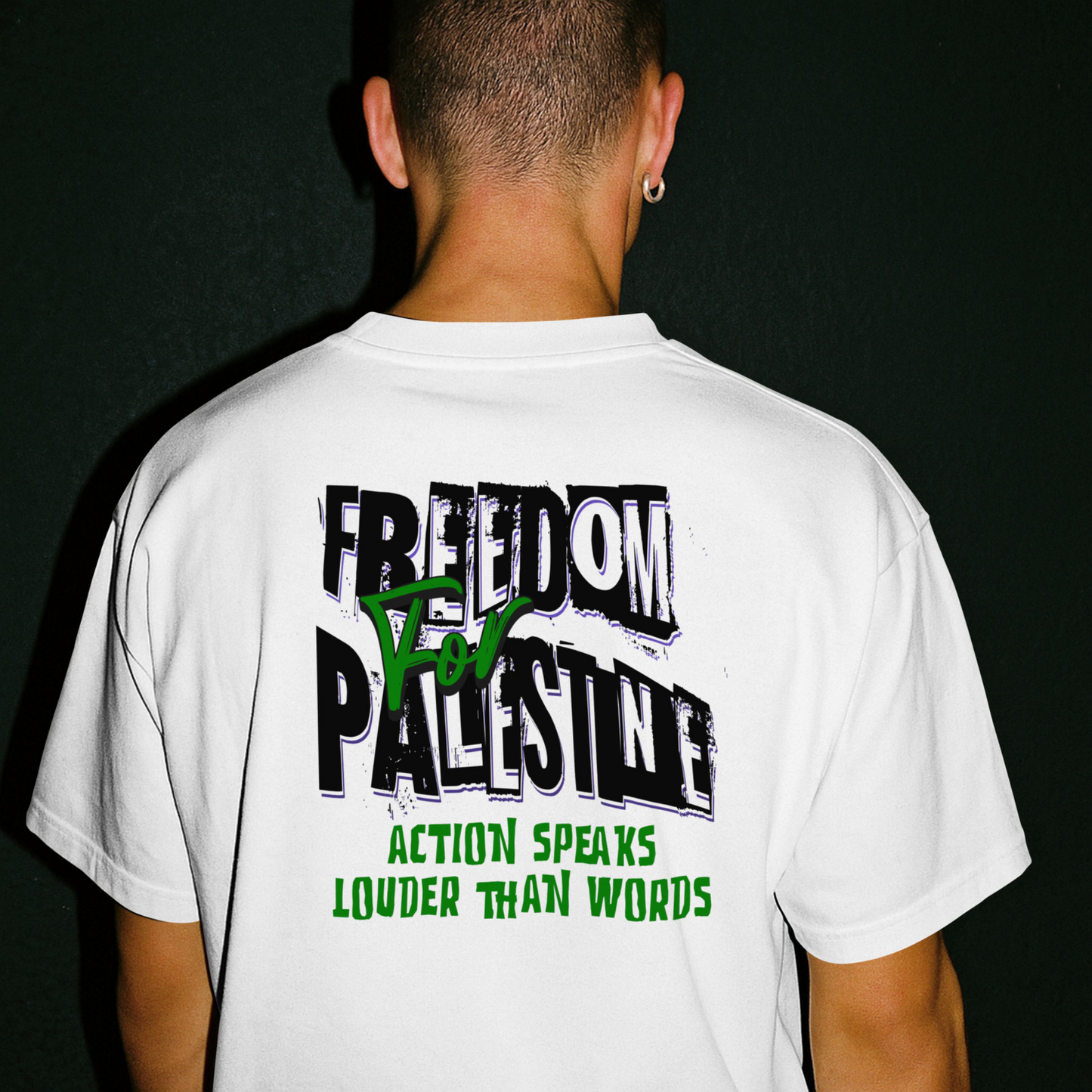 Freedom for Palestine tee in white with black and green text