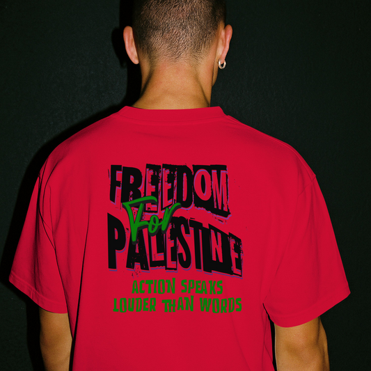 Freedom from Palestine tee in red with green and black text