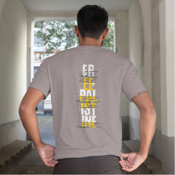 Free Palestine Vertical statement tee in Heather grey, with white and yellow design