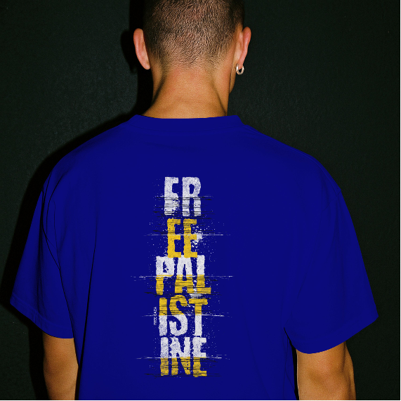Free Palestine Vertical statement tee in royal blue, with white and yellow design