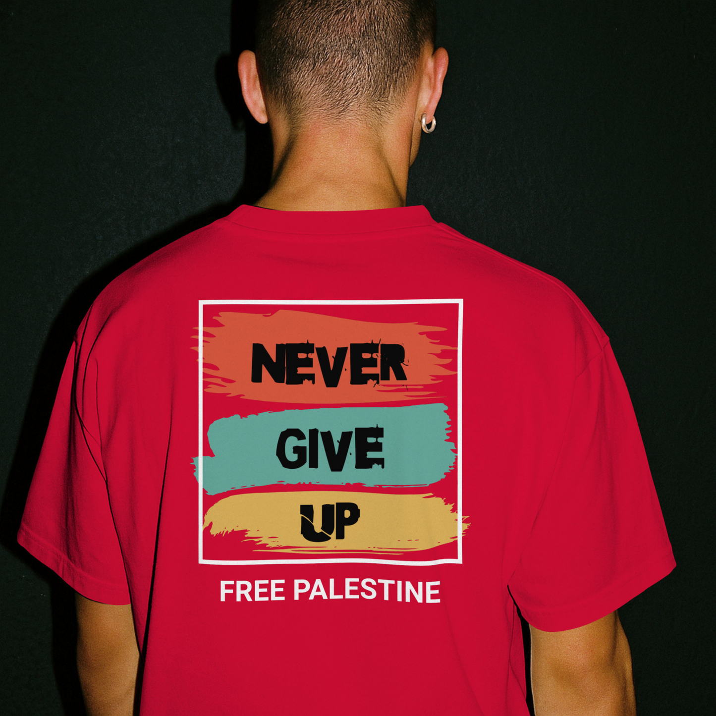 Free Palestine- Never give up tee in red (White border design