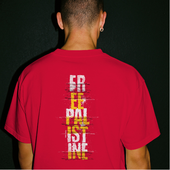 Free Palestine - vertical statement tee in red, with white and yellow design