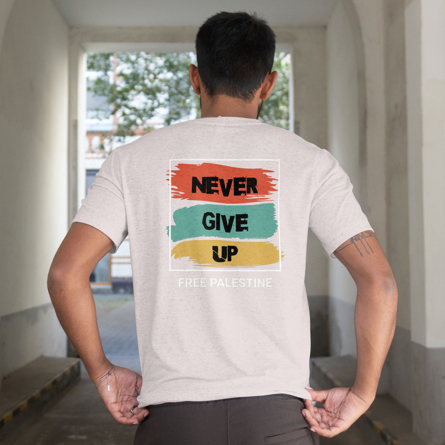 Free Palestine- Never give up tee in grey (White border design)