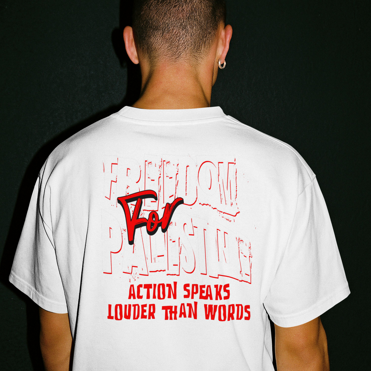 Freedom for Palestine tee in white with red and white text