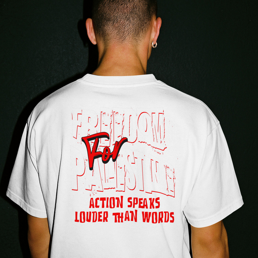 Freedom for Palestine tee in white with red and white text