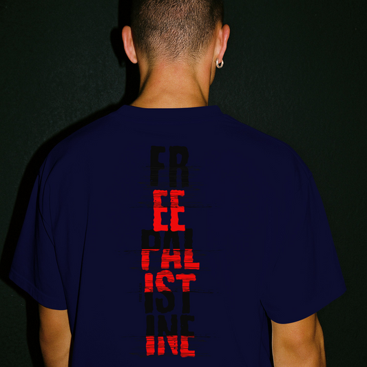 Free Palestine- vertical statement tee in navy with black and red design