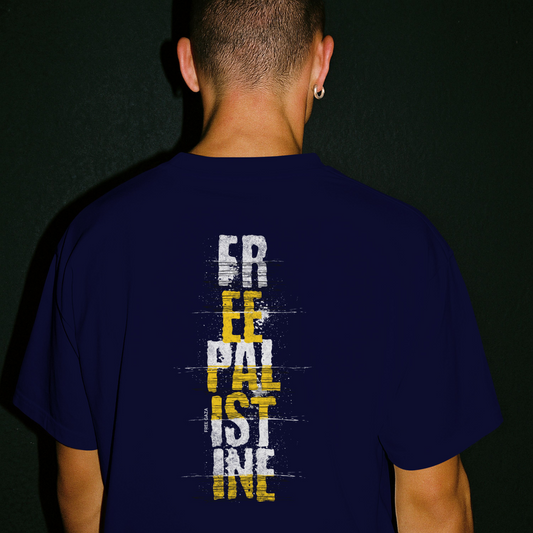 Free Palestine - Vertical statement tee in navy with white and yellow design