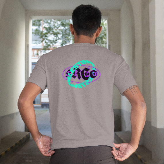 Free Palestine- Distorted Text Graphic Tee in graphite heather (green +Purple)