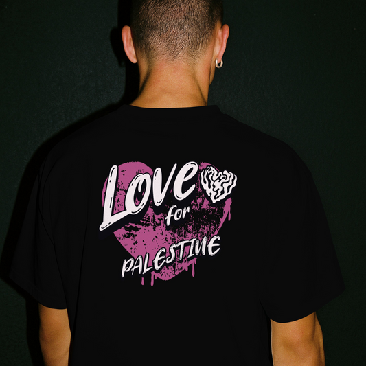 Love for Palestine T-shirt- black with purple heart