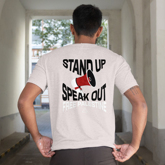 Free Palestine- speak out - statement tee in grey with black and white text